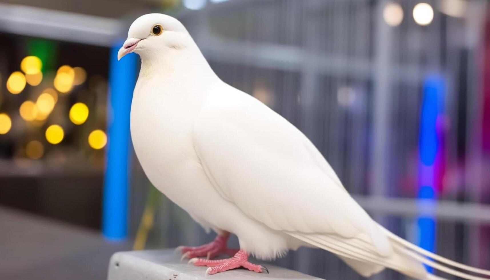 Yellow homing pigeon perched, eye focused on city architecture generated by AI photo