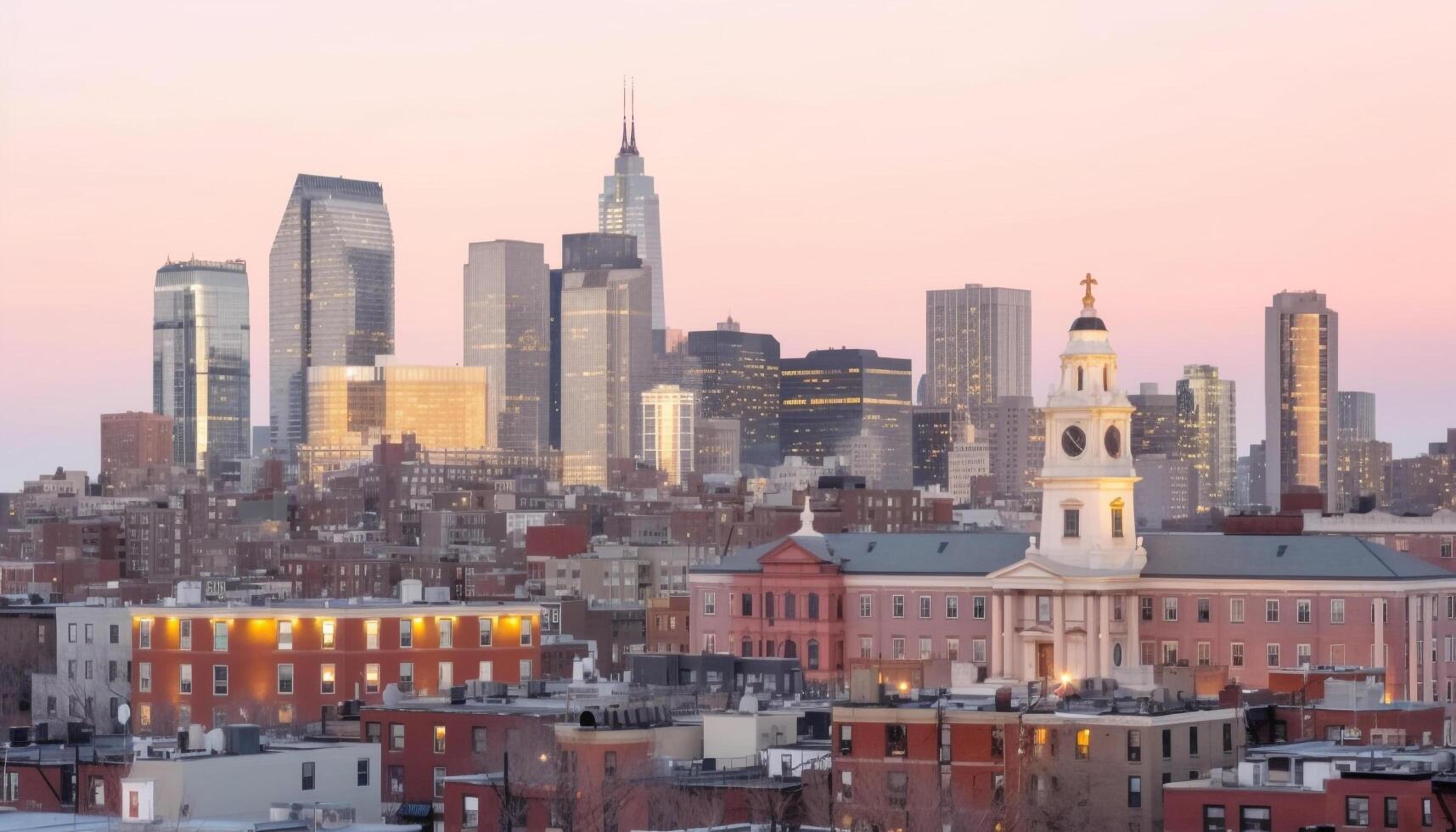 Modern city skyline illuminated at dusk, a famous international landmark generated by AI photo