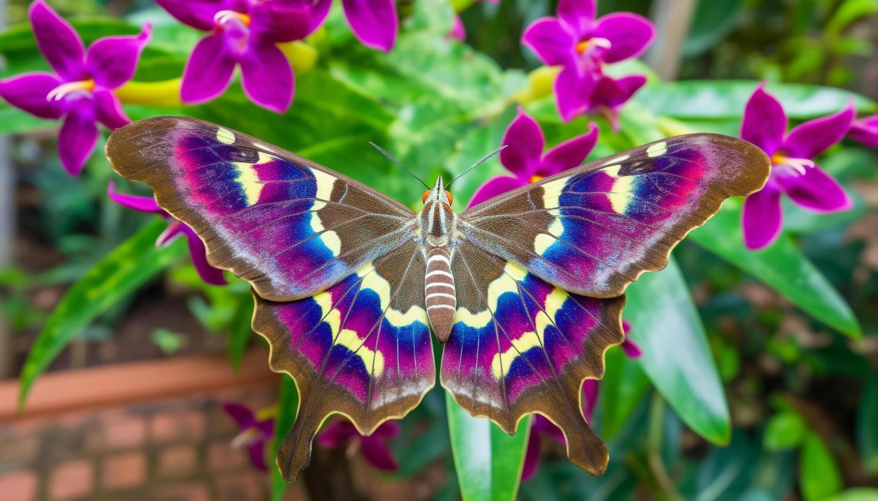 Animal head with vibrant colors and delicate butterfly decoration generated by AI photo