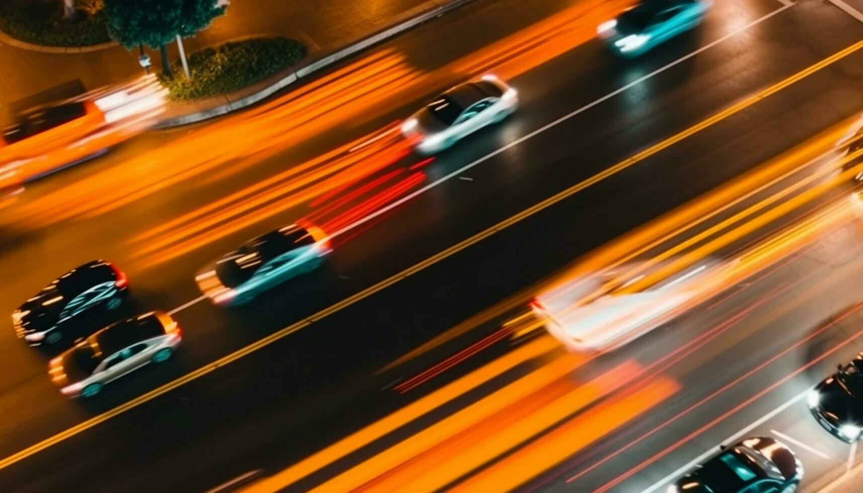 Nighttime traffic rush ignites city streets with blurred light trails generated by AI photo
