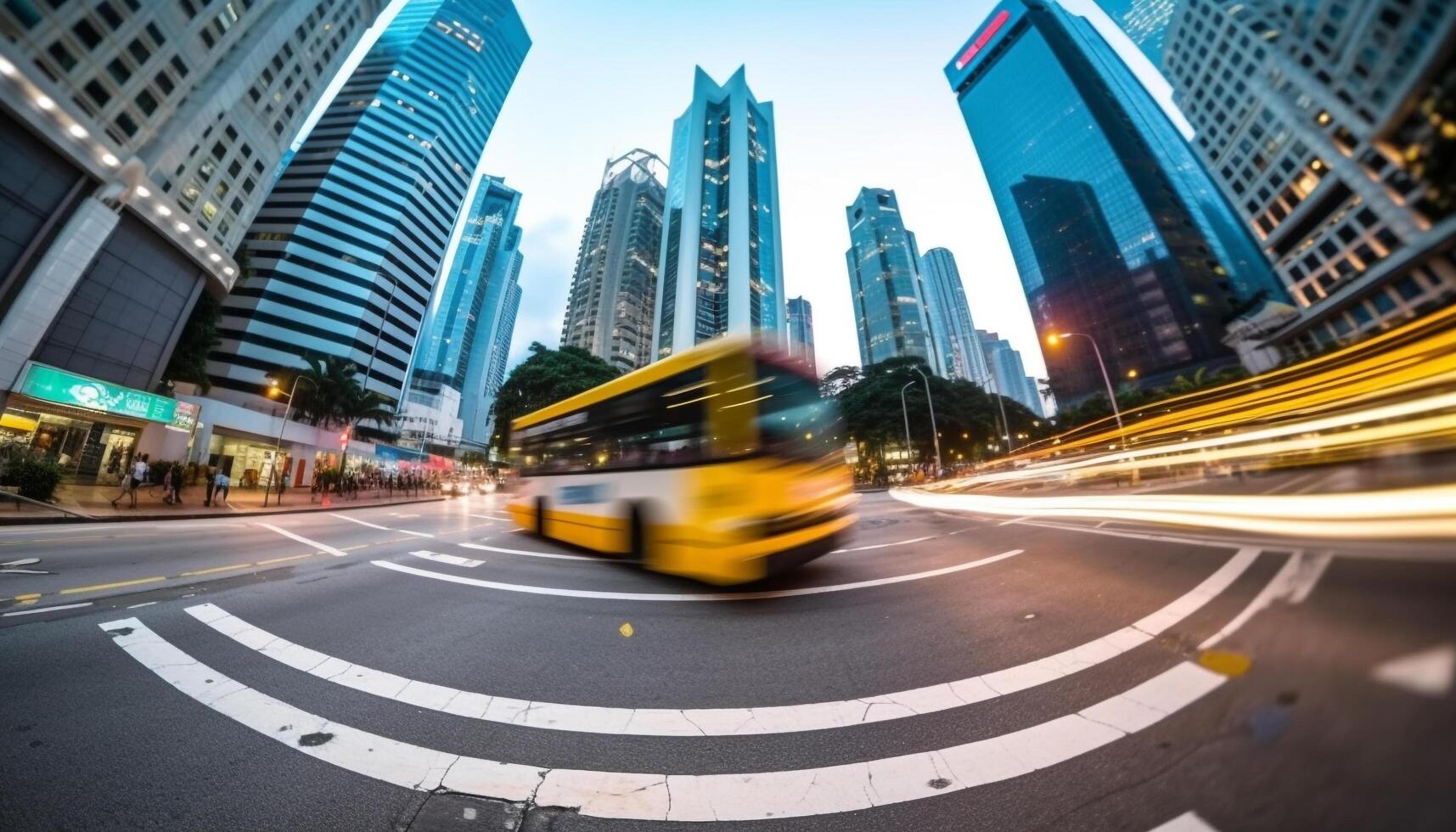 Blurred motion of cars on busy urban road at dusk generated by AI photo