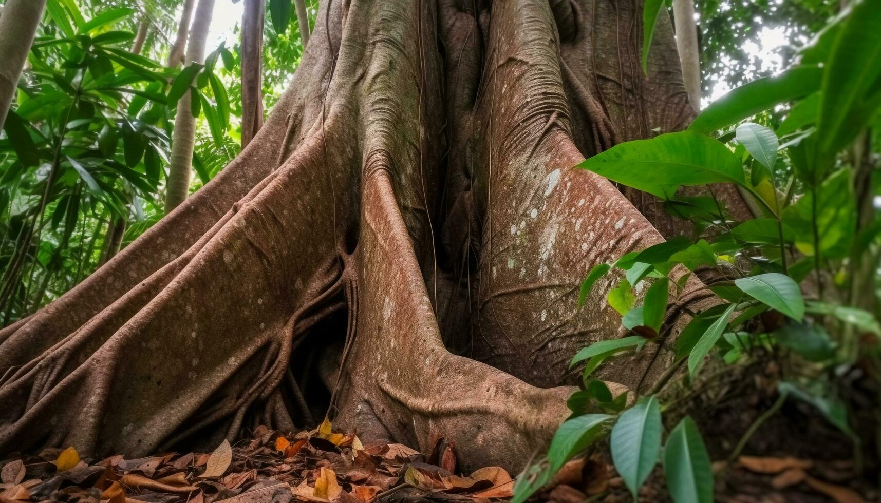 Vibrant banyan tree grows in tropical rainforest, surrounded by wildlife generated by AI photo