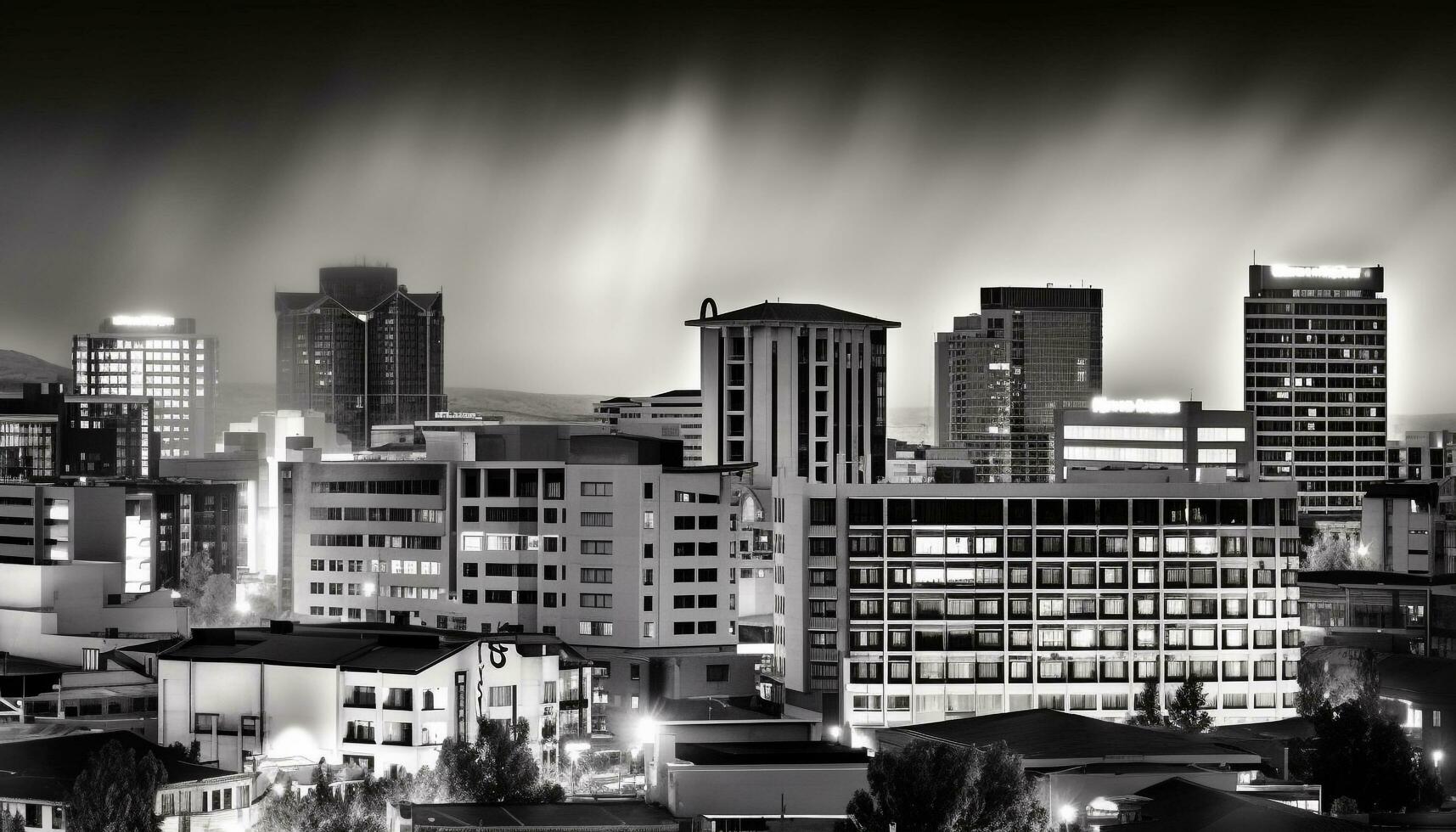 moderno ciudad horizonte iluminado por calle luces a oscuridad generado por ai foto