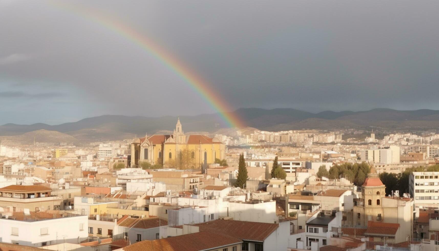 Multi colored sunset paints majestic city skyline with religious architecture generated by AI photo