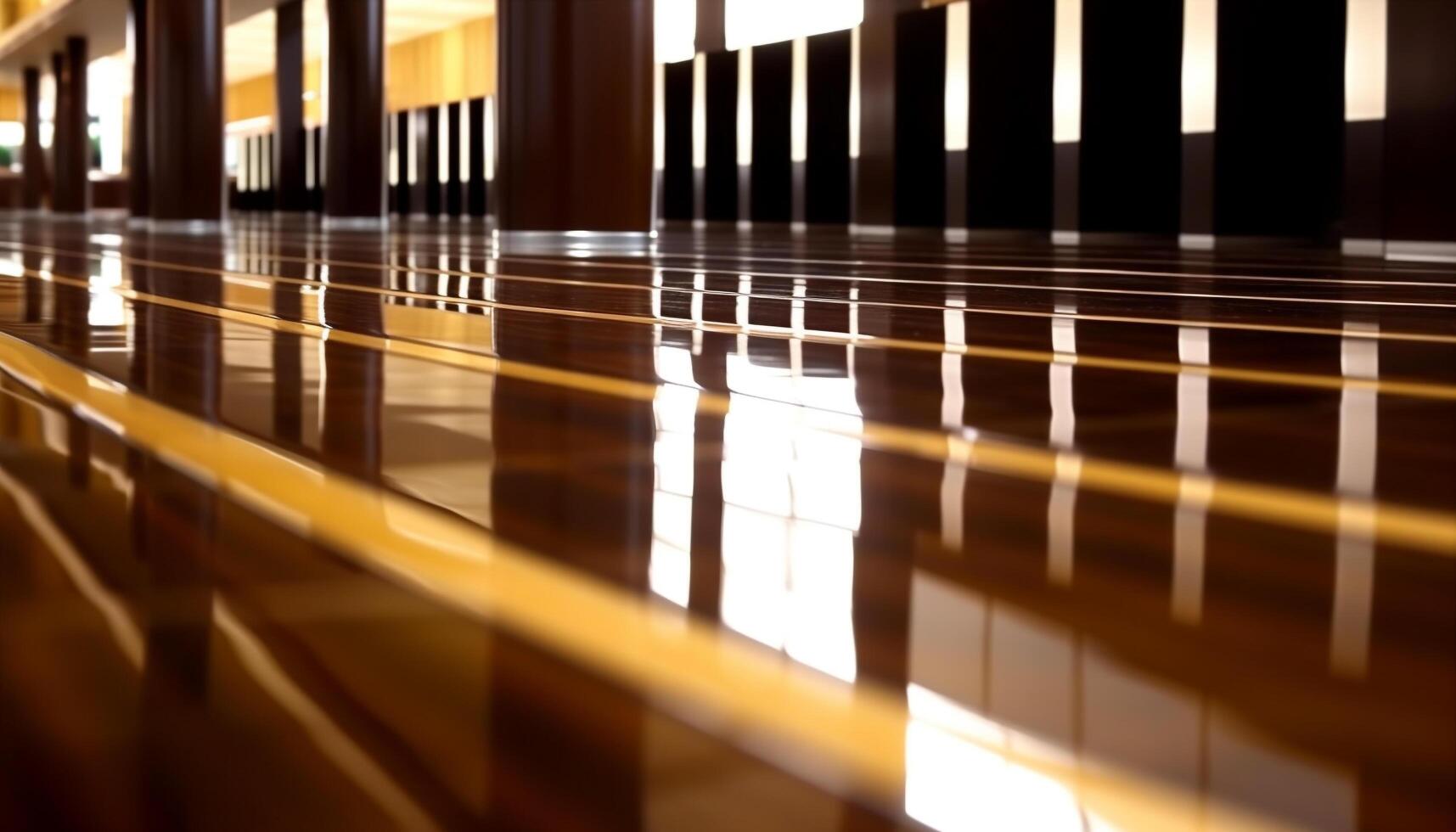 Futuristic office lobby with bright yellow patterned flooring and glass walls generated by AI photo