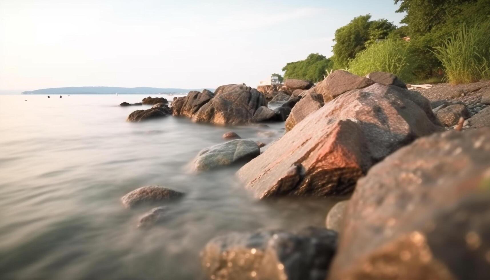 Tranquil sunset over rocky coastline, waves crash on shore generated by AI photo