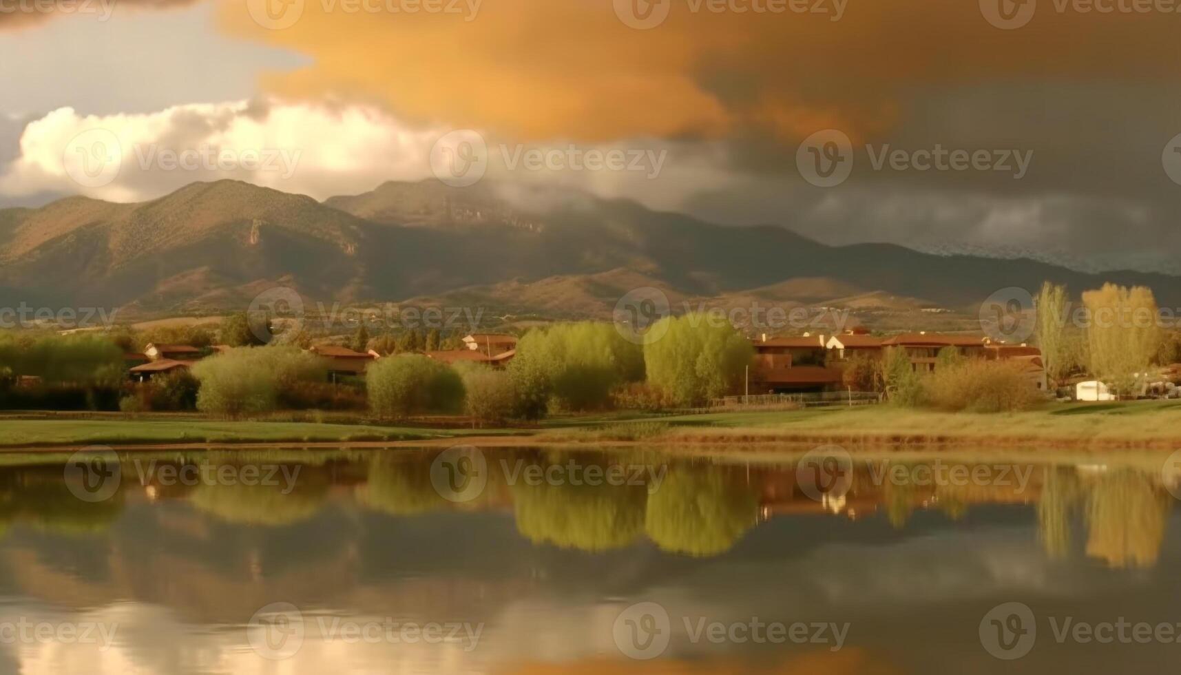 Tranquil scene of mountain range reflected in water at dusk generated by AI photo