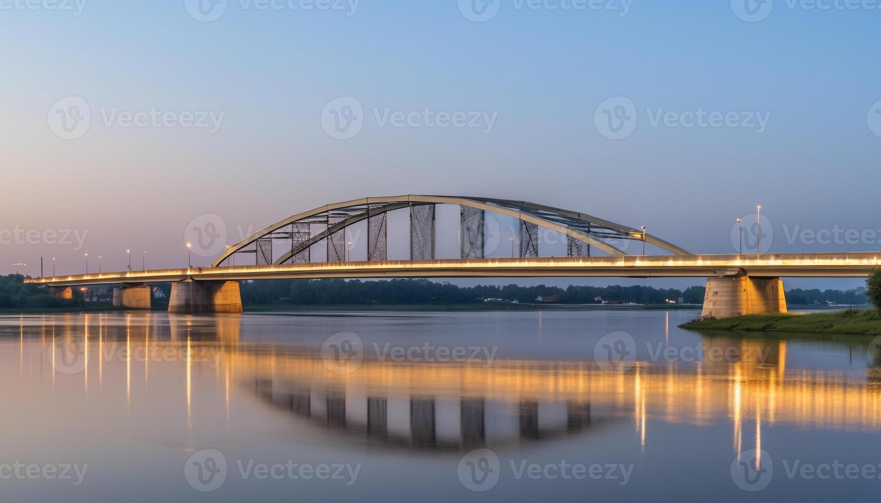 Tranquil cityscape at dusk, illuminated by blue lighting equipment generated by AI photo