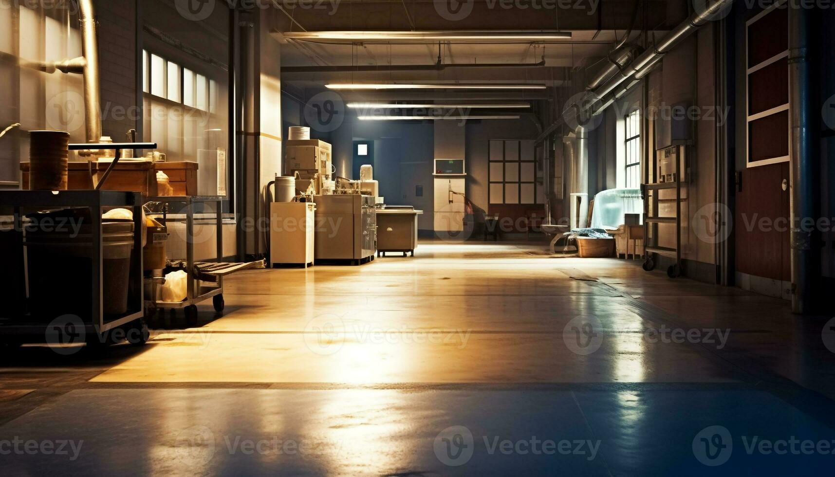 Empty modern factory with steel machinery and illuminated flooring generated by AI photo