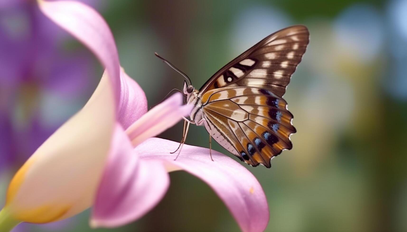 Swallowtail butterfly pollinates vibrant flower in tranquil tropical scene generated by AI photo