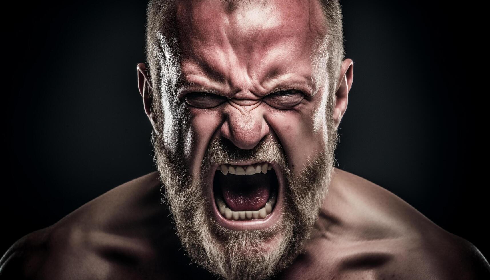 Furious man screams in pain, clenching teeth with aggression generated by AI photo