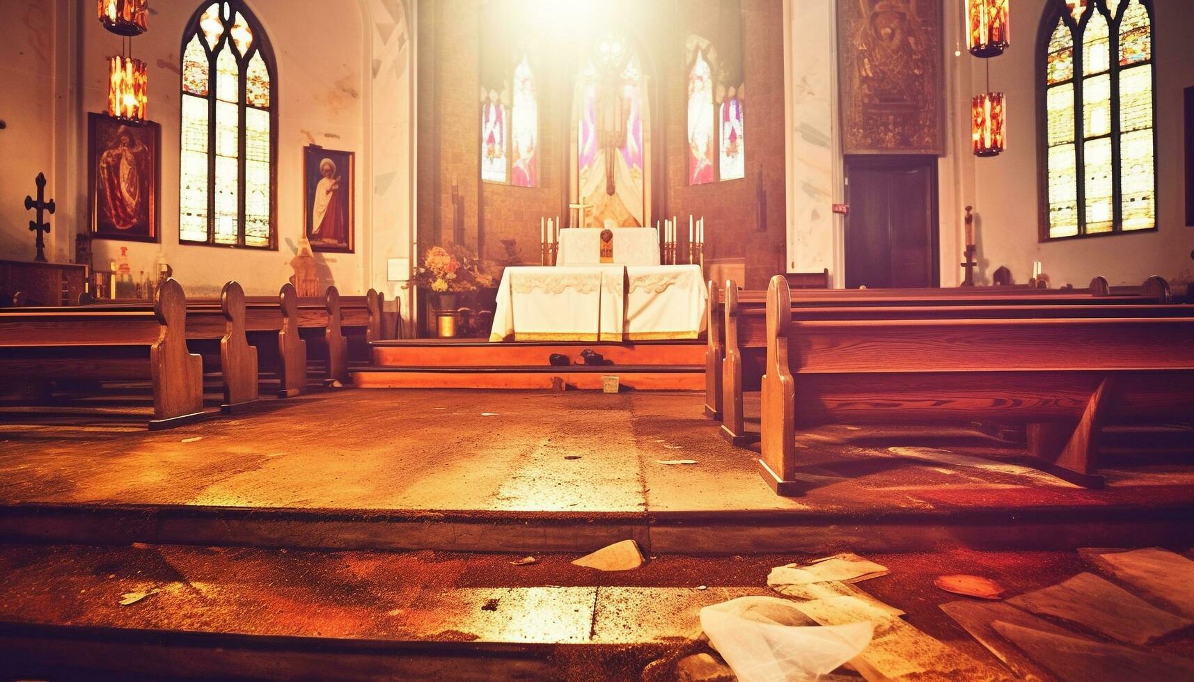 dentro el medieval capilla, antiguo madera y manchado vaso iluminar espiritualidad generado por ai foto