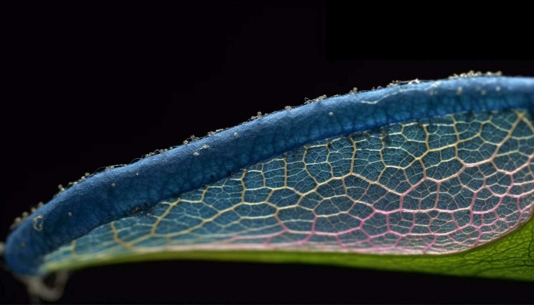 Vibrant leaf vein magnified, dew drop reflects multi colored beauty generated by AI photo