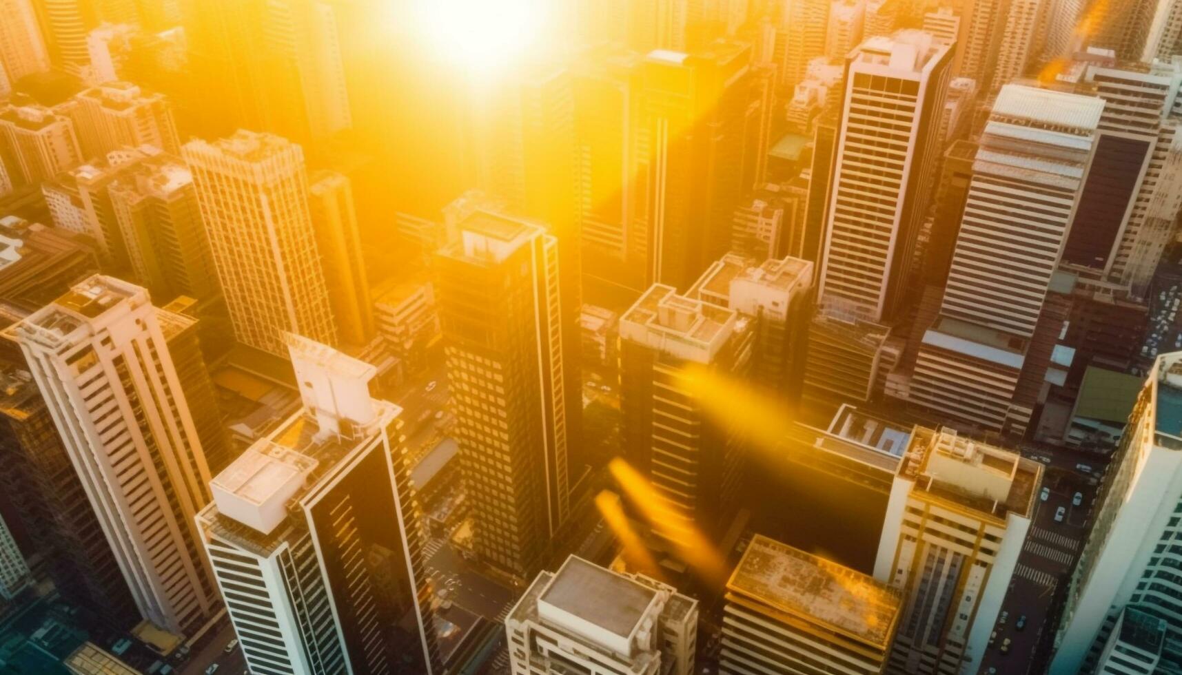 Futuristic city skyline illuminated by sunlight, growth and development high up generated by AI photo