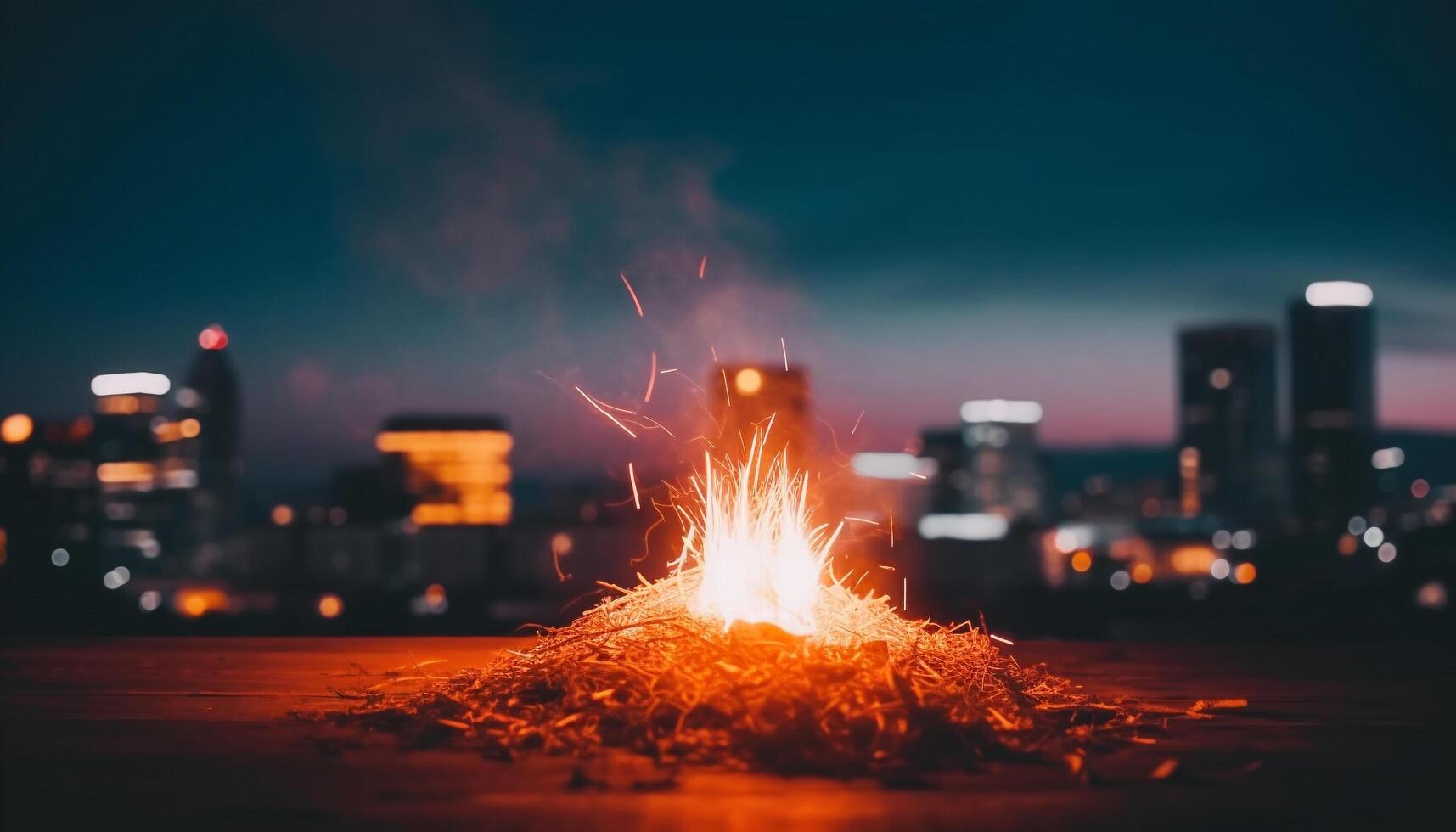 Glowing skyscrapers ignite the night, a natural inferno in cityscape generated by AI photo