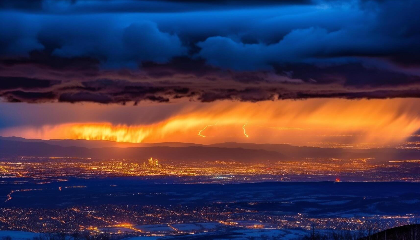 Electricity illuminates urban skyline, nature beauty in panoramic view generated by AI photo