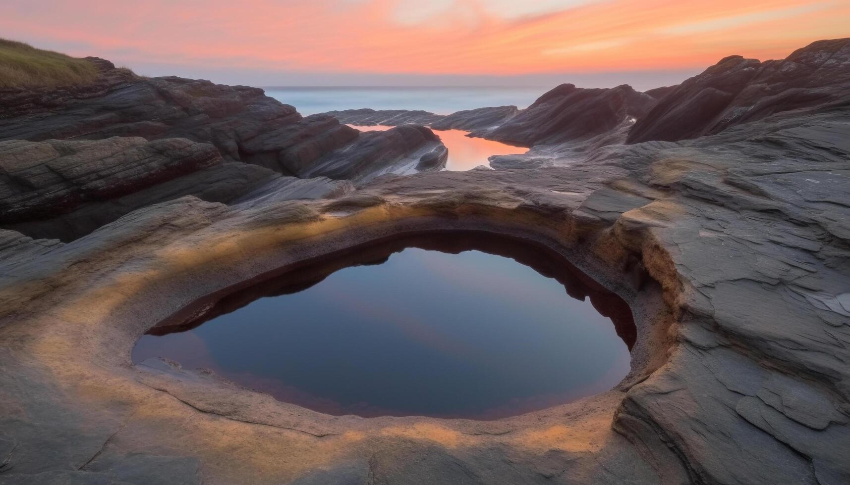 Majestic sunset over tranquil seascape, reflecting beauty in nature generated by AI photo