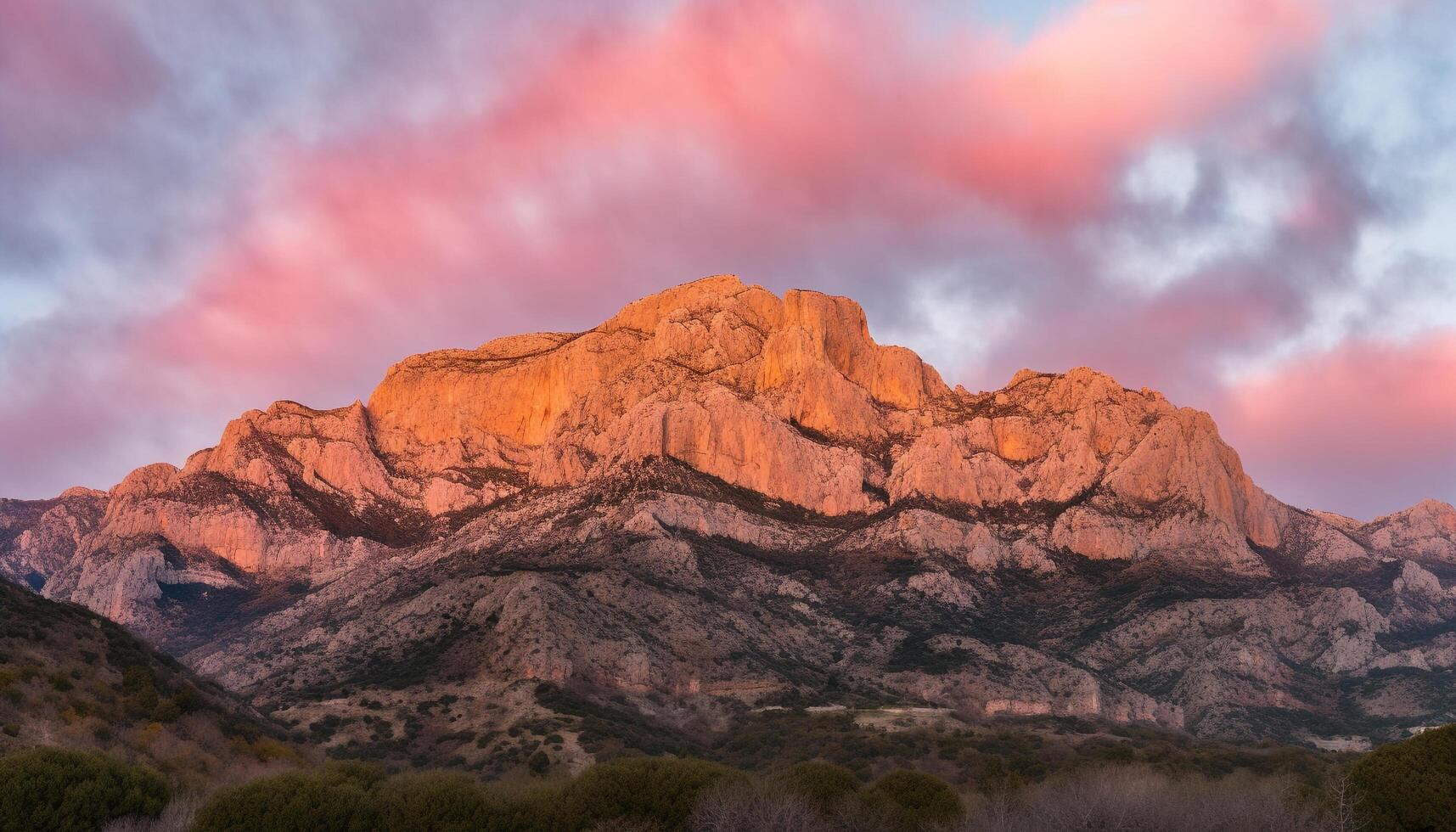 Majestic mountain range, tranquil meadow, dramatic sky at dusk generated by AI photo