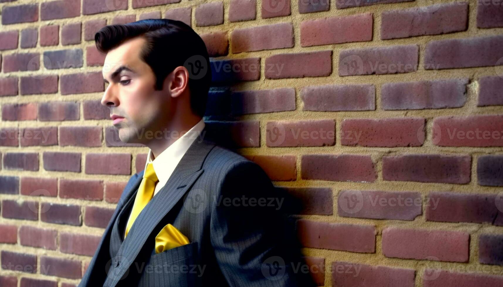 Confident businessman in full suit standing against brick wall generated by AI photo