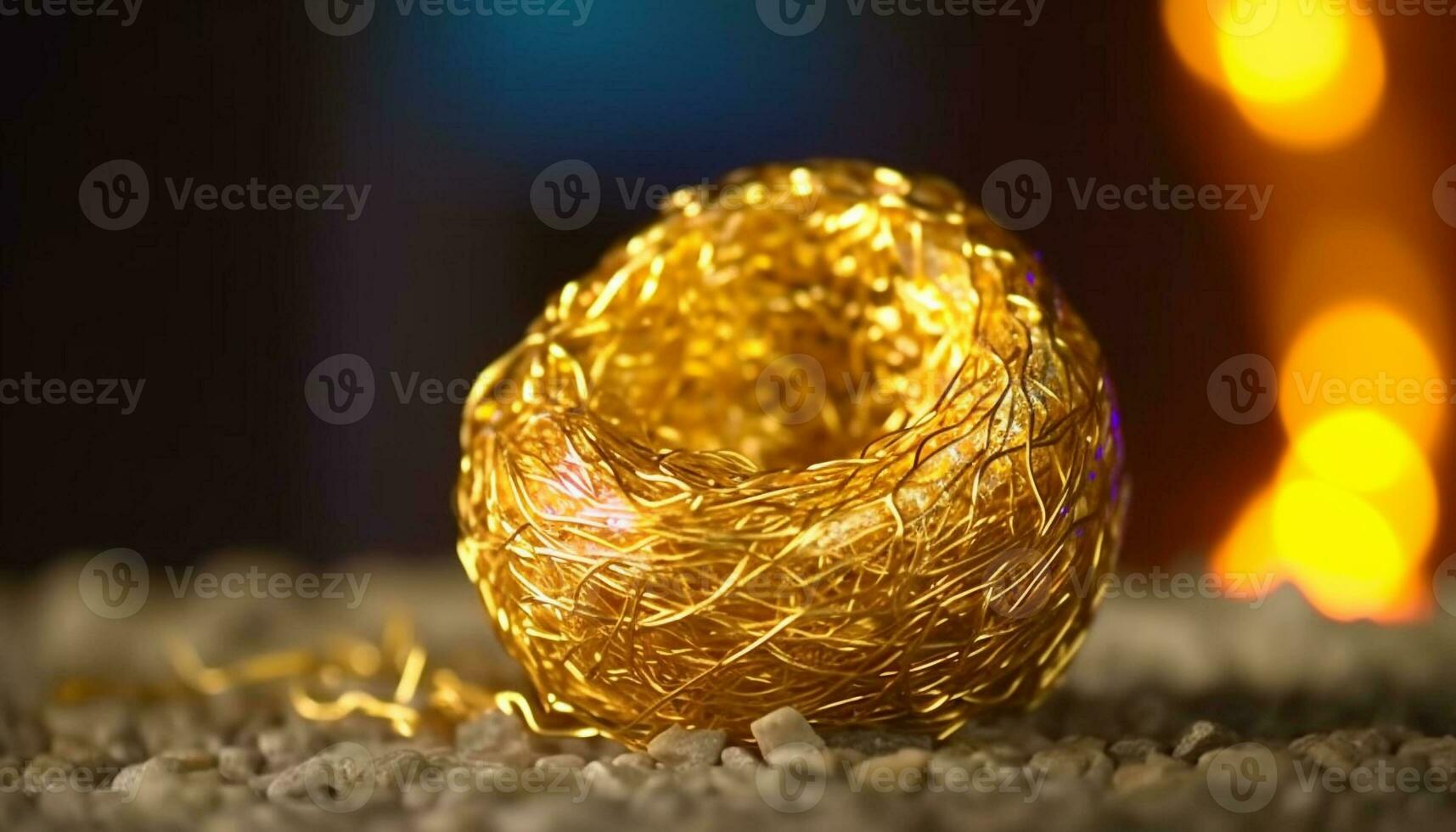Shiny gold Christmas decoration glowing in defocused background illumination generated by AI photo
