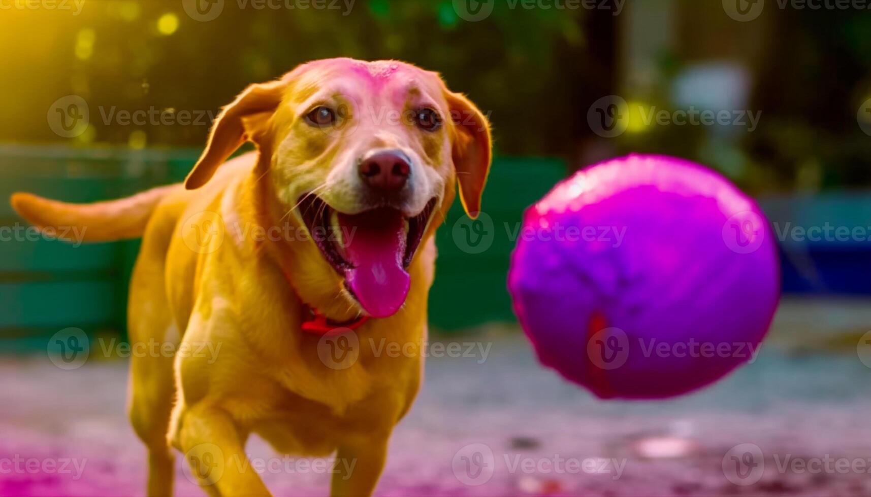 sonriente perdiguero jugando con amarillo juguete en mojado césped al aire libre generado por ai foto