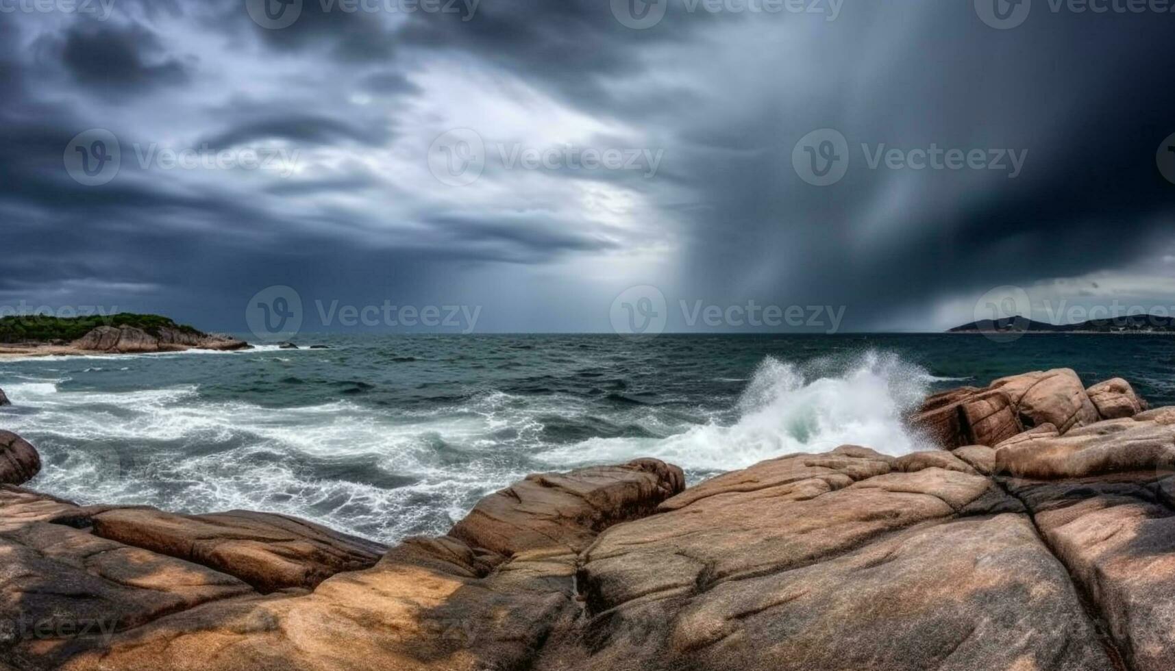 Idyllic seascape rough waves crashing on rocky coastline at sunset generated by AI photo