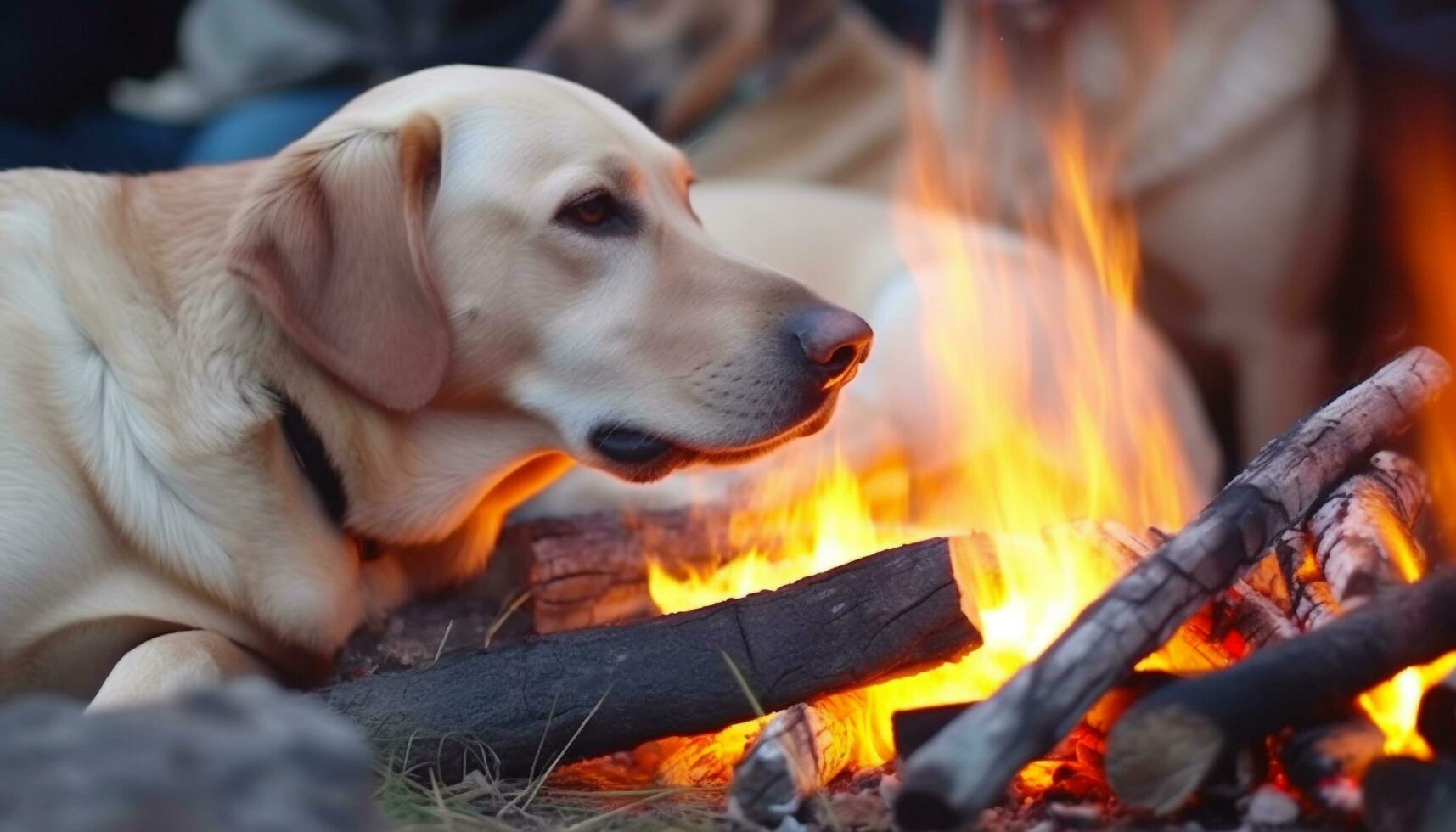 Yellow retriever sitting by bonfire, enjoying summer heat and food generated by AI photo