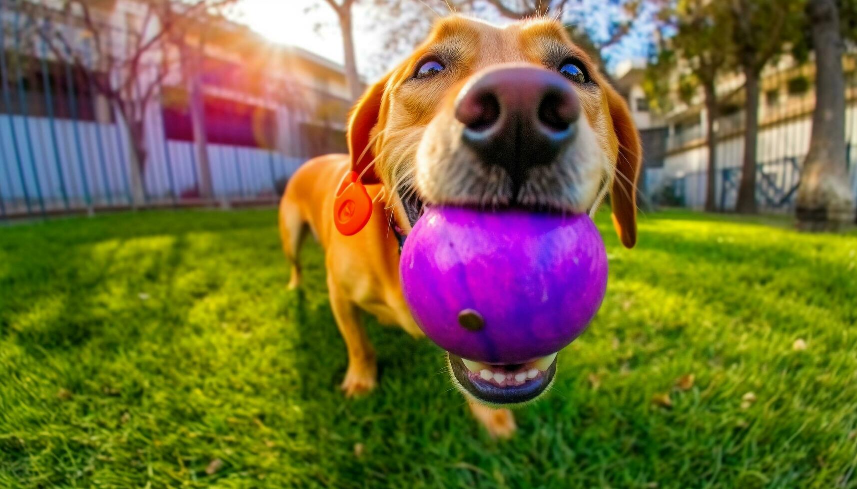 linda perrito jugando con pelota en verde césped al aire libre generado por ai foto