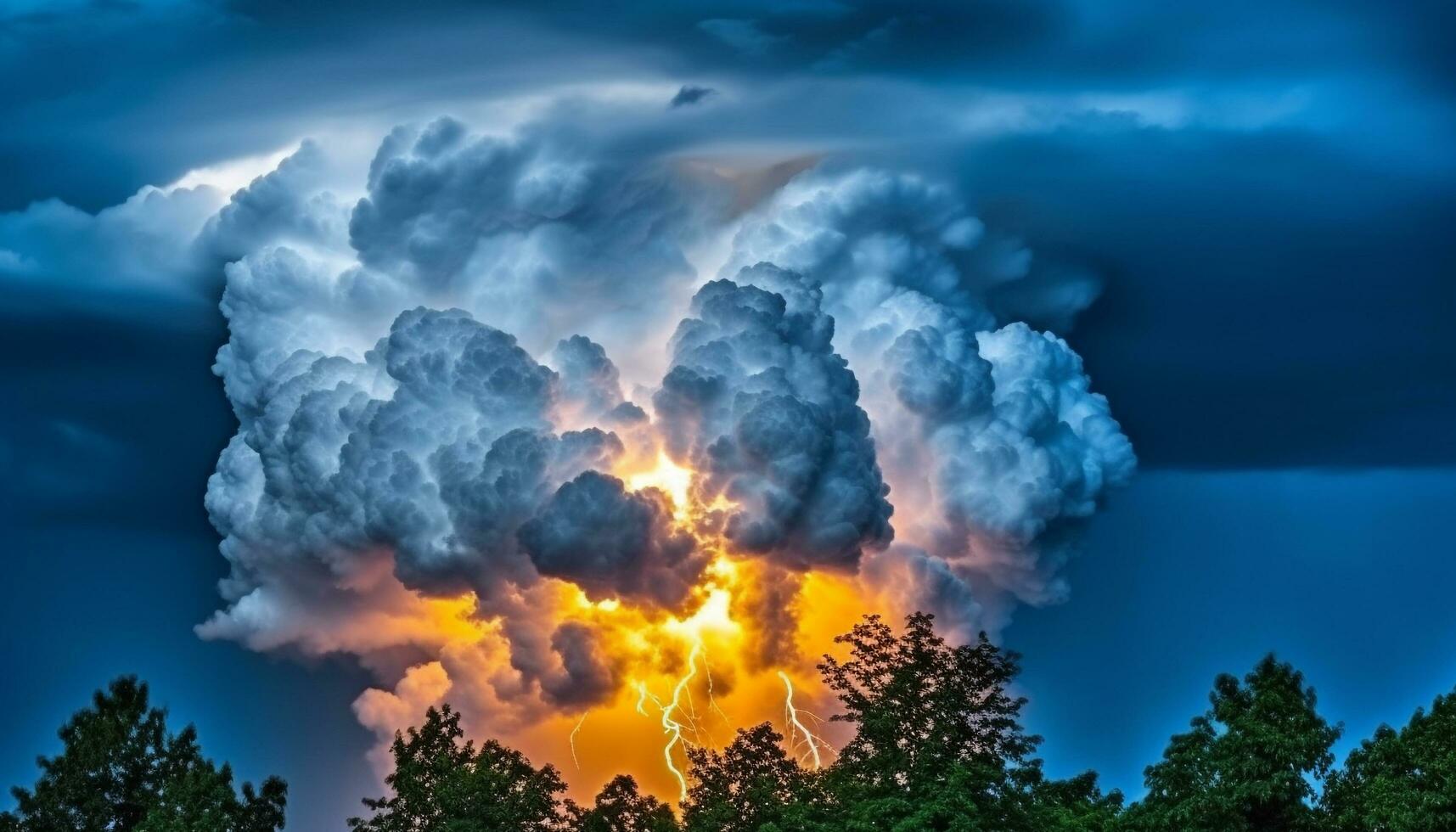 Dramatic sky over forest creates ominous beauty in nature landscape generated by AI photo