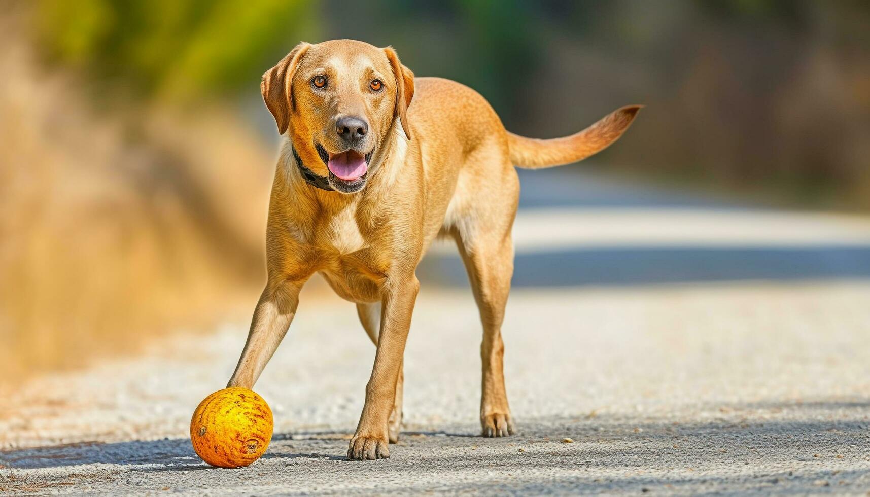 linda de pura raza perrito jugando con pelota al aire libre, mirando a cámara generado por ai foto