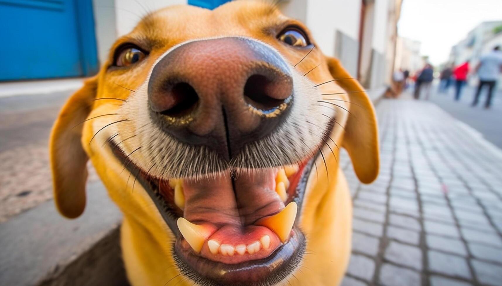 Cute puppy sitting outdoors, looking at camera with selective focus generated by AI photo