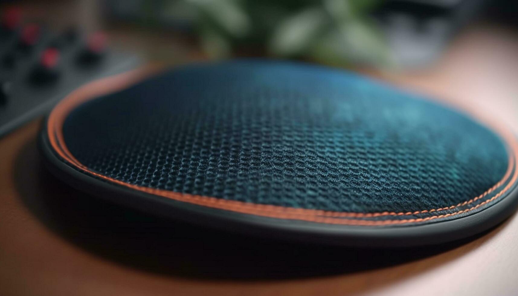 Blue leather tennis shoe on table, focus on foreground generated by AI photo