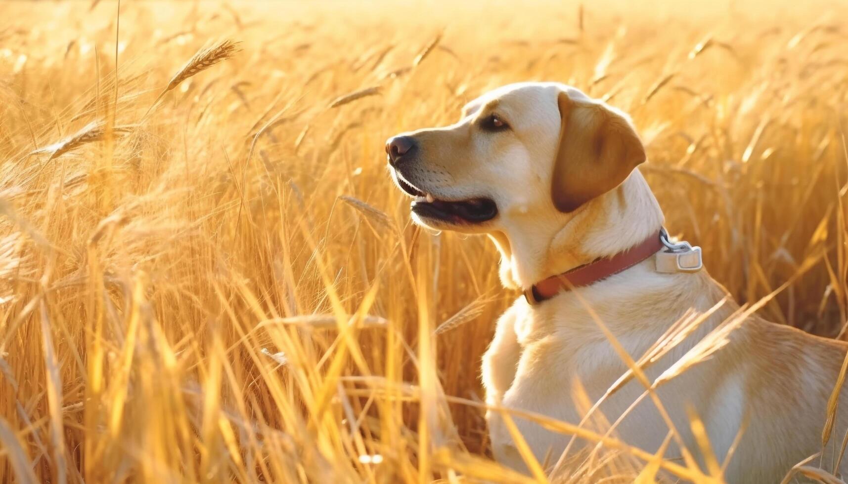 Golden retriever puppy sitting in wheat field, enjoying nature beauty generated by AI photo