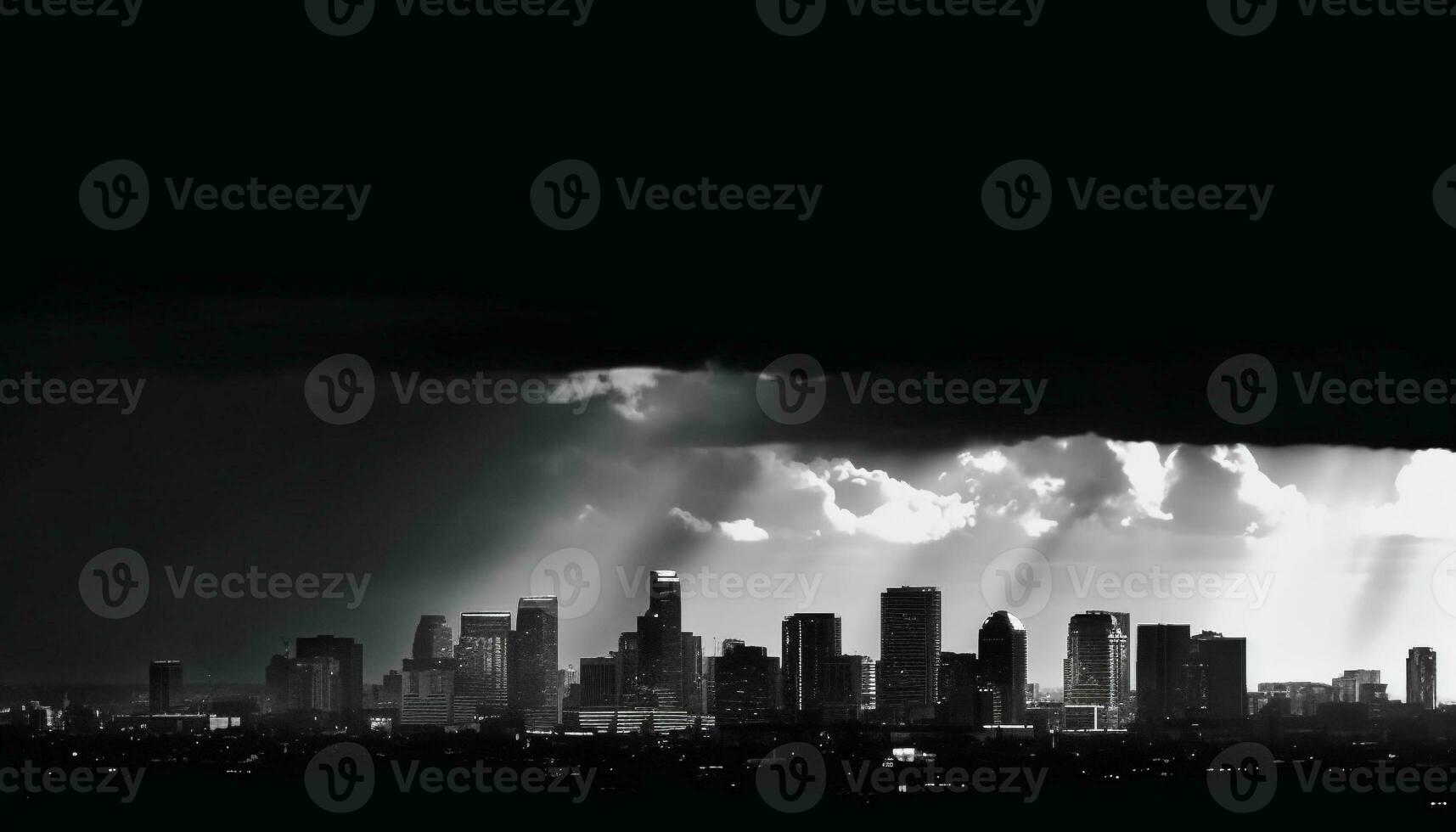 Moody cityscape silhouettes against dramatic stormy sky, no people present generated by AI photo