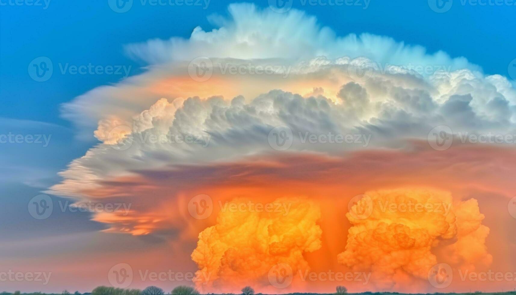 Vibrant sunset sky burning with multi colored fire over meadow generated by AI photo