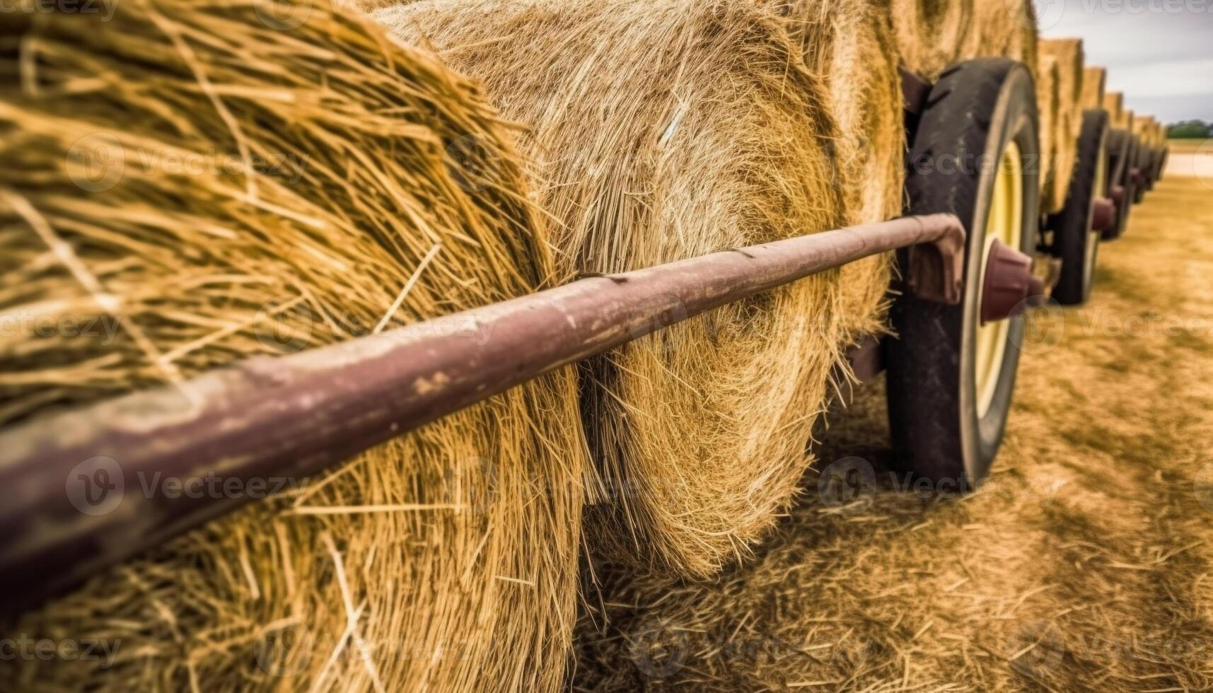 Harvesting barley in the meadow with old machinery and cattle generated by AI photo