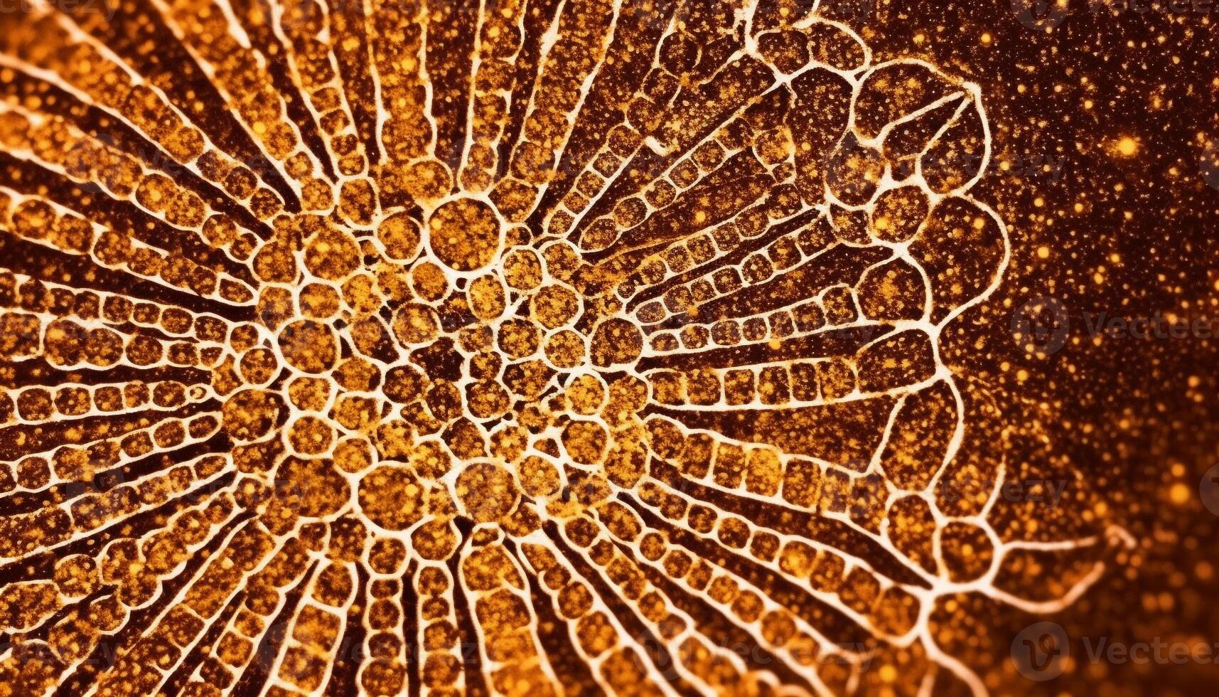 Yellow plant cell nucleus shines in high scale magnification backdrop generated by AI photo