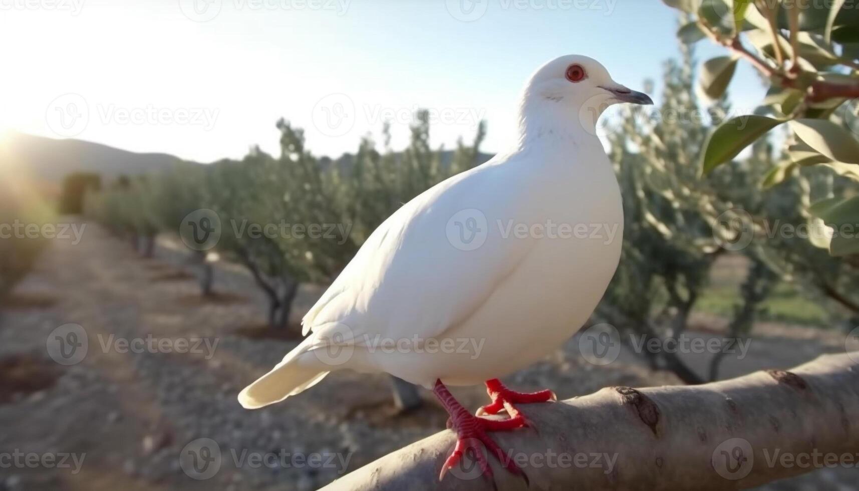 One pigeon perching on tree branch, looking at sunset generated by AI photo