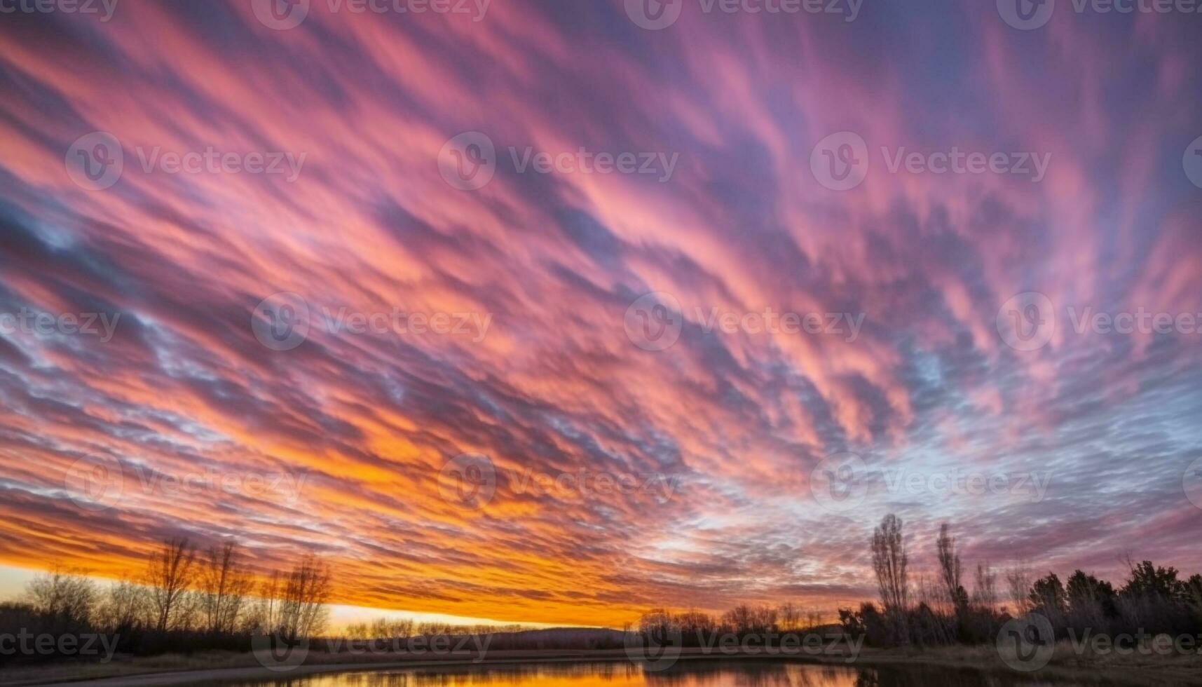 vibrante puesta de sol terminado tranquilo paisaje, reflejando en calma aguas generado por ai foto