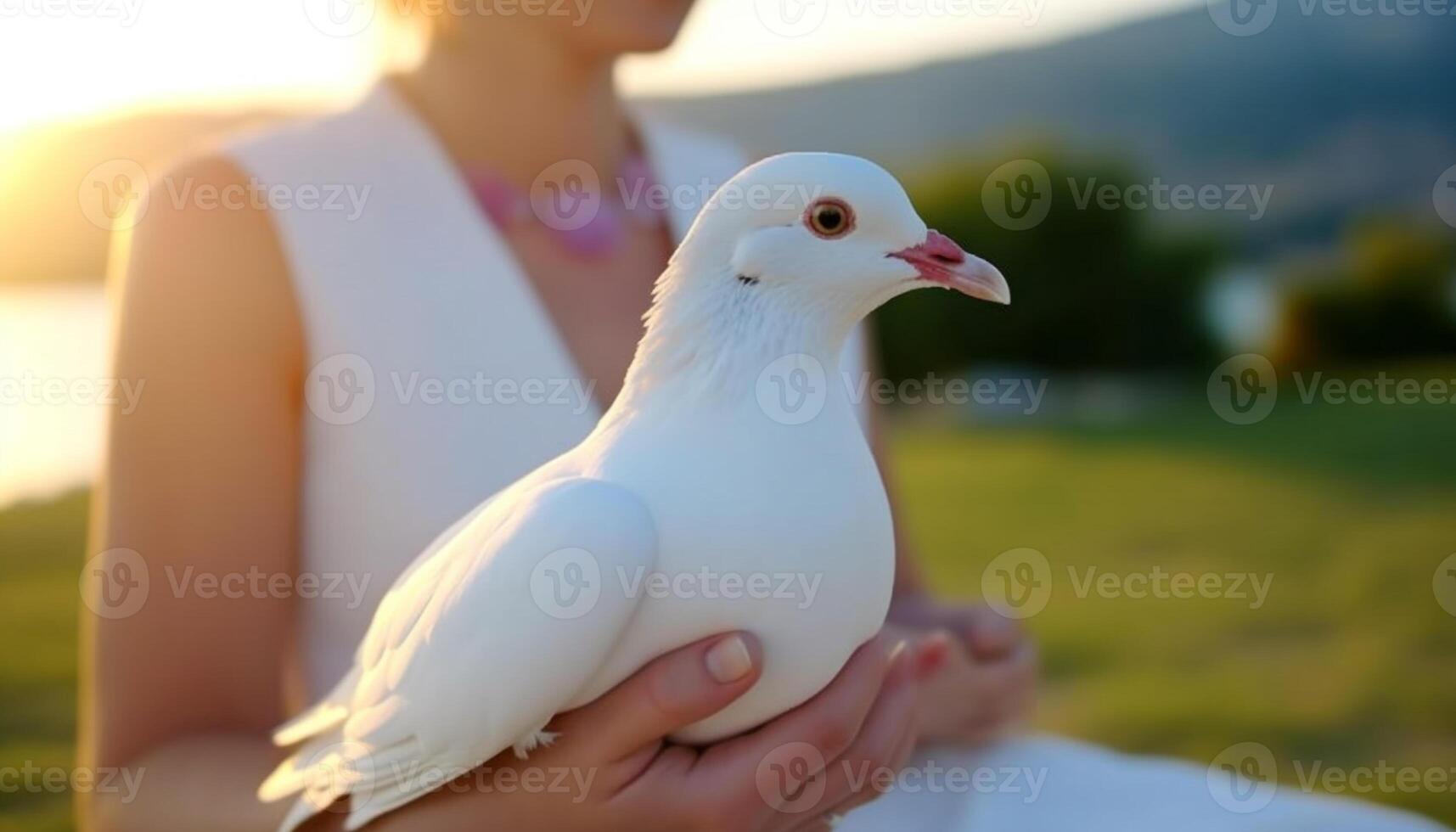 Caucasian woman holding seagull, enjoying sunset and freedom generated by AI photo