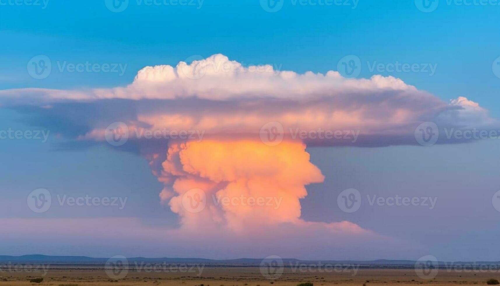 Vibrant sunset sky over rural mountain landscape, dry summer heat generated by AI photo