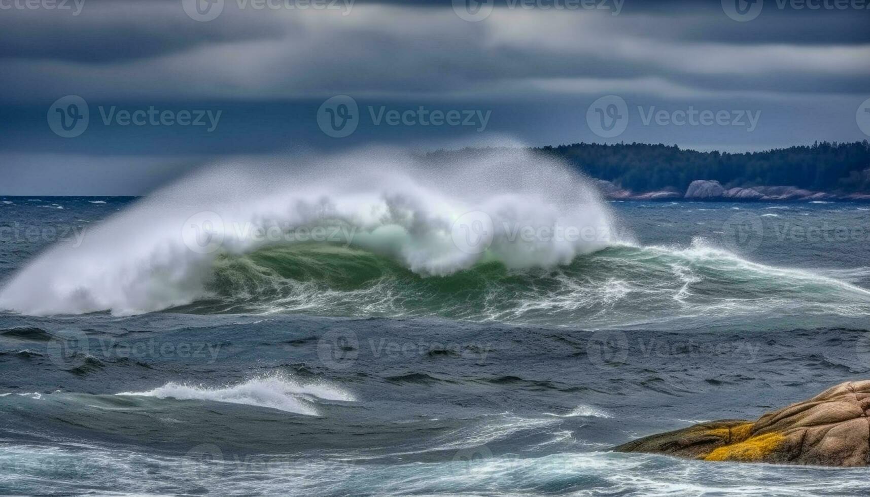 Breaking waves crash on majestic coastline, spray splashing in awe generated by AI photo