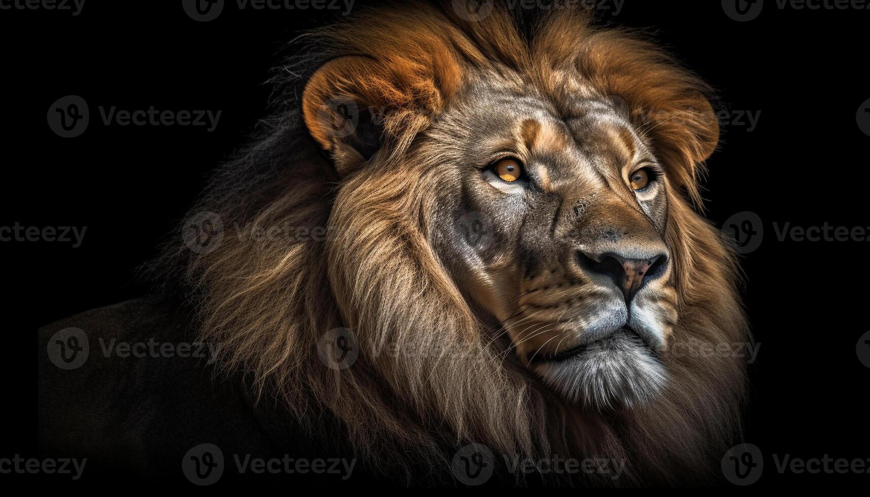 Majestic lion with a fierce gaze in African savannah generated by AI photo