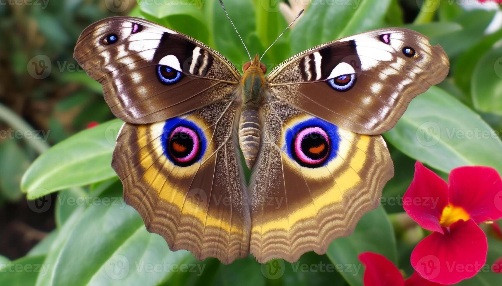 Peacock feather displays vibrant elegance in nature tropical rainforest generated by AI photo