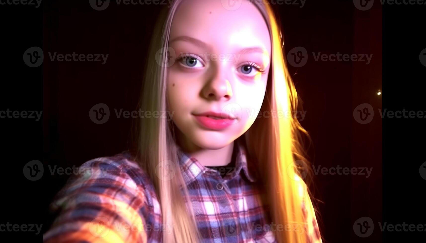 Cute blond girl smiling, looking at camera in illuminated studio generated by AI photo