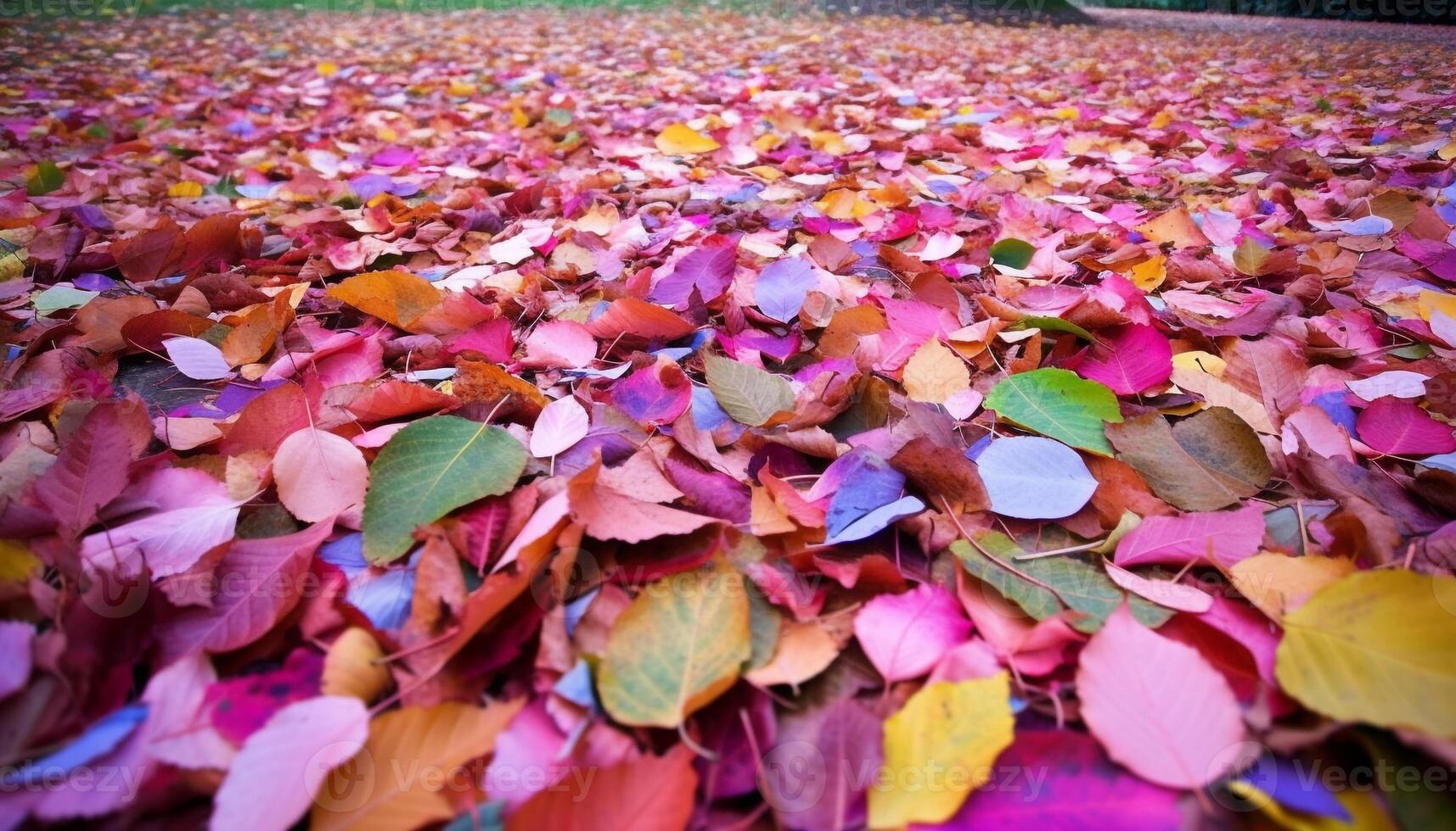 Vibrant autumn colors of falling leaves in nature beauty generated by AI photo