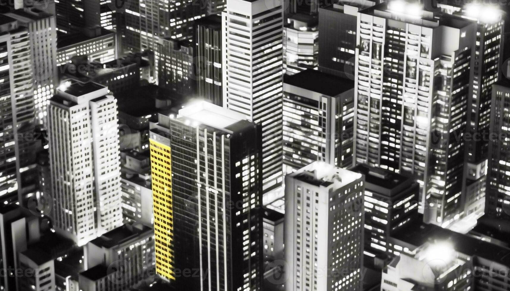 Tall skyscrapers illuminate the dark city street in monochrome generated by AI photo