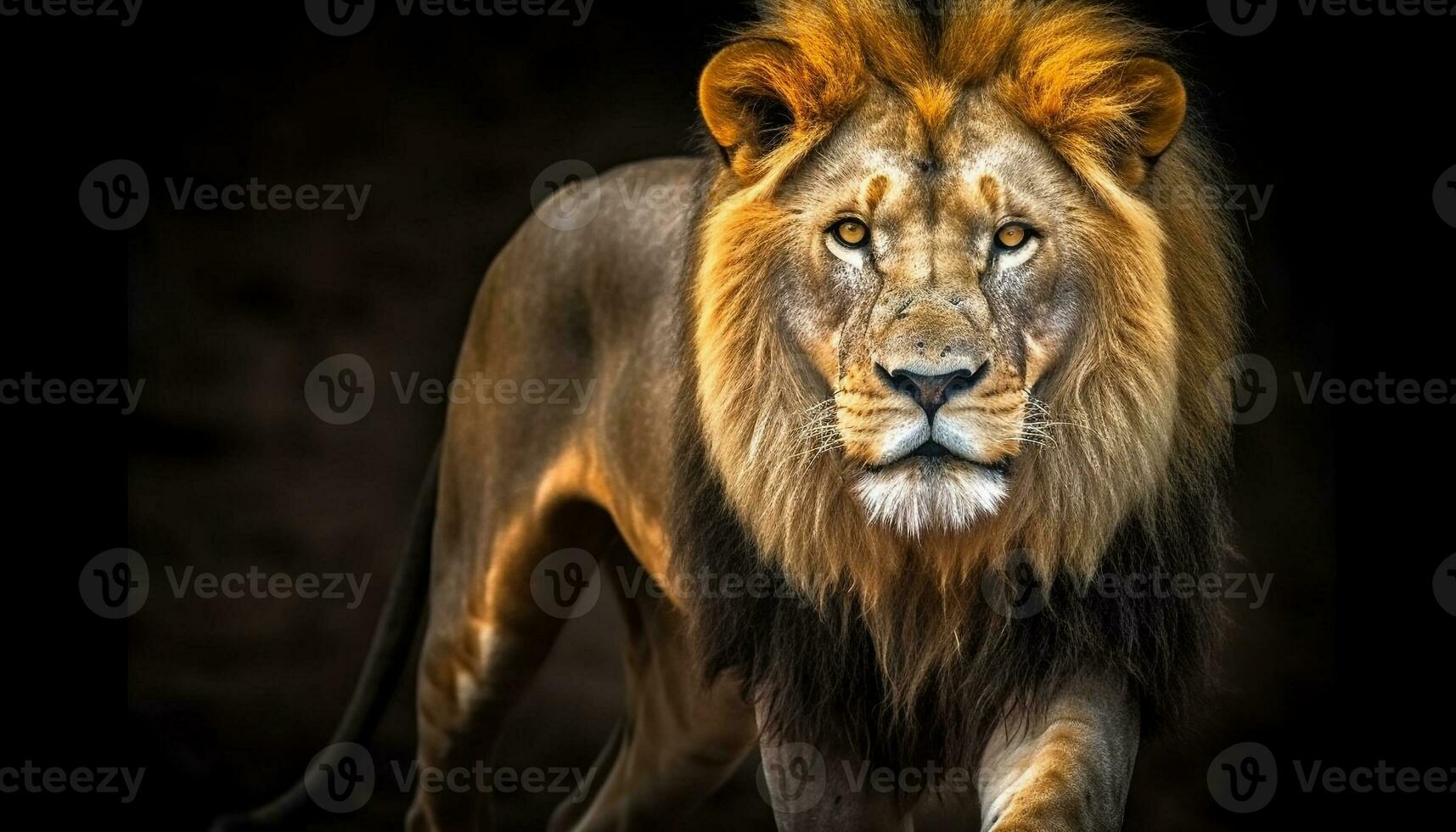majestuoso leona caminando en el sabana, curioso con agresión generado por ai foto