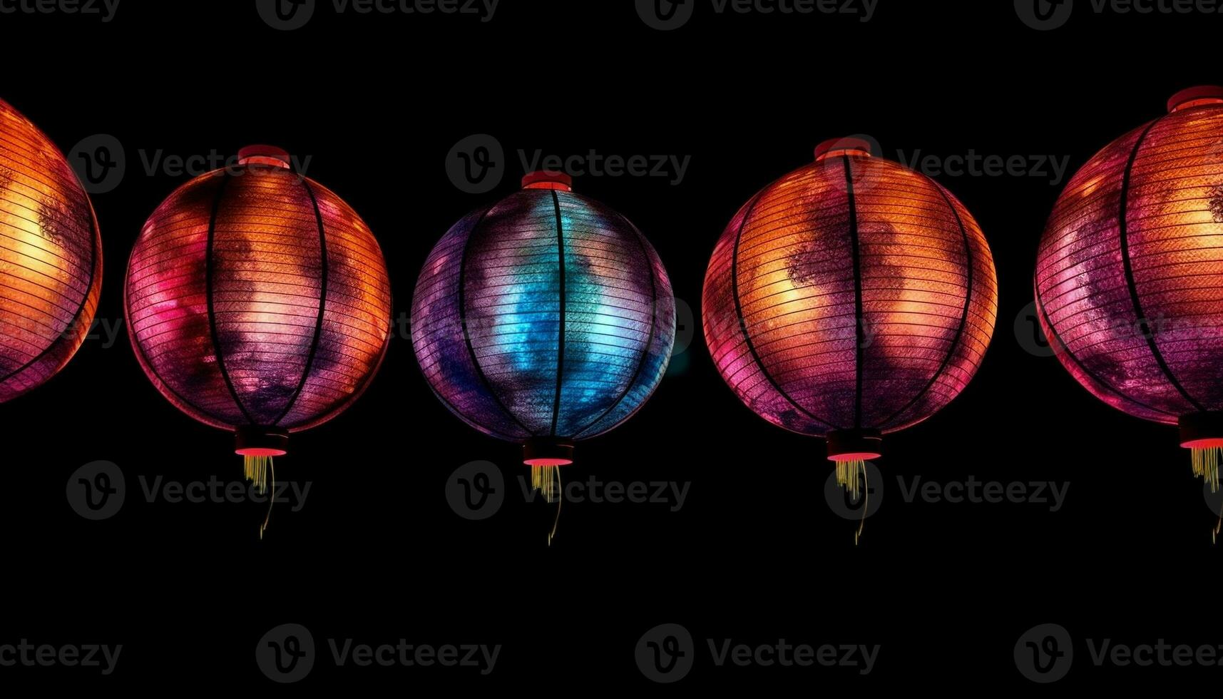 Vibrant Chinese lanterns illuminate dark night in ornate decoration generated by AI photo