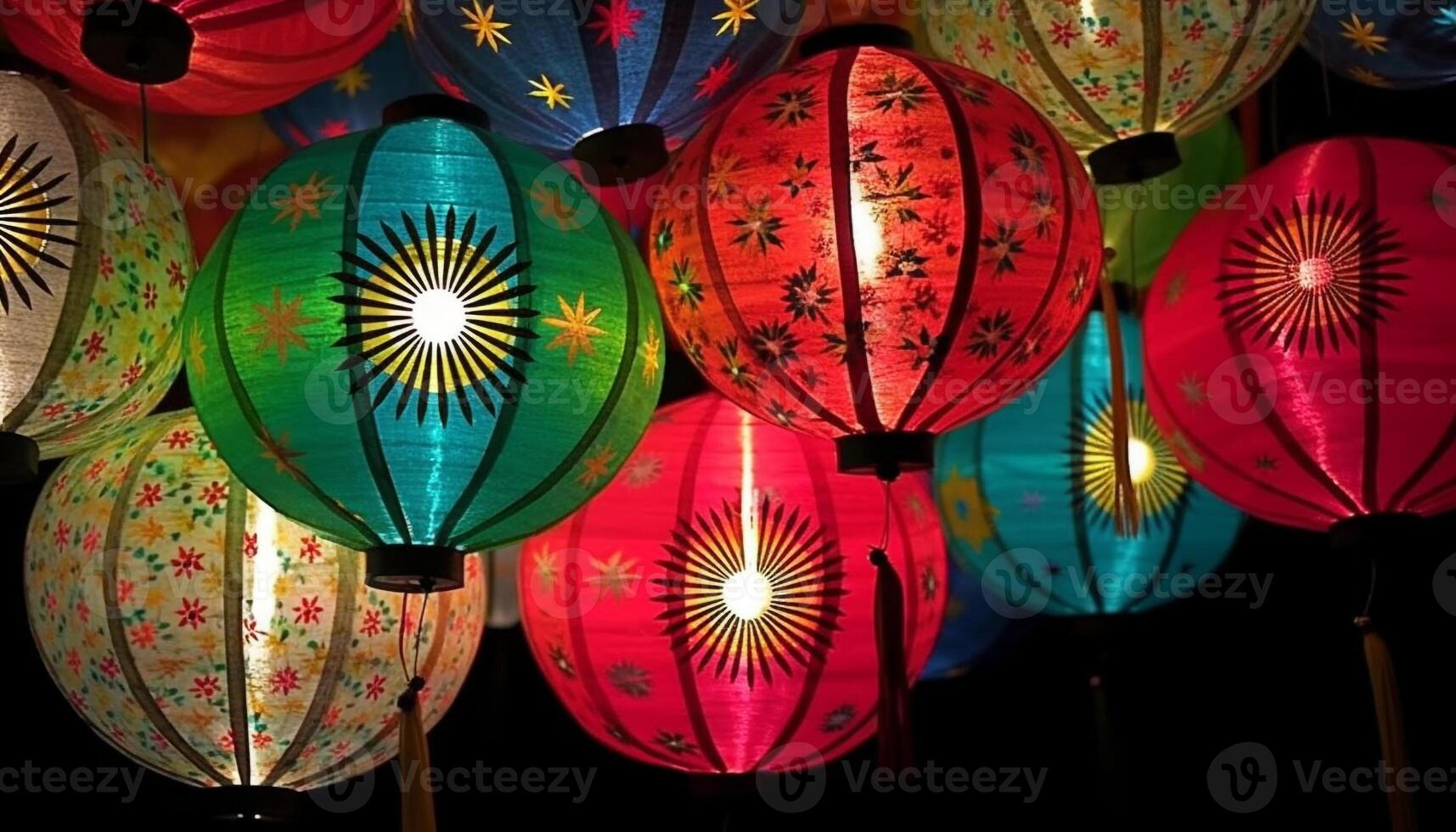 Vibrant paper lanterns illuminate night, symbolizing Chinese culture and tradition generated by AI photo